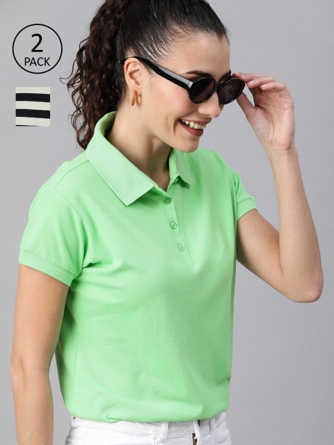 

HERE&NOW Women Pack Of 2 Striped Tshirt, Green