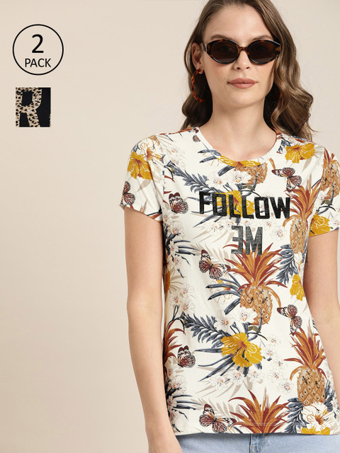 

Moda Rapido Women White & Navy Blue Typography Printed Tropical T-shirt