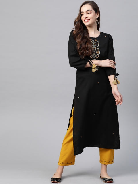 

Yufta Women Black Ethnic Motifs Embroidered Pure Cotton Kurta with Trousers