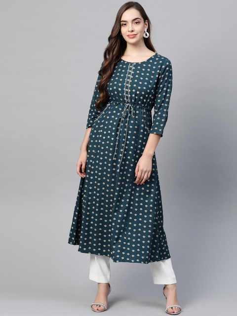 

Yufta Women Teal Blue & White Ethnic Motifs Handblocked Print Pure Cotton A-Line Kurta