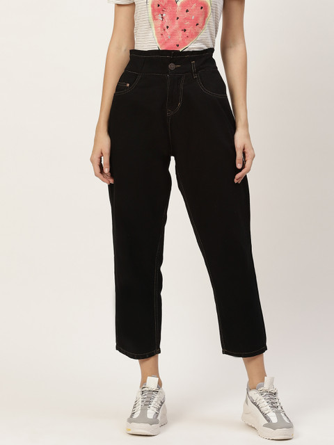 

PARIS HAMILTON Women Black Solid Slouchy Paper Bag Pure Cotton High-Rise Jeans
