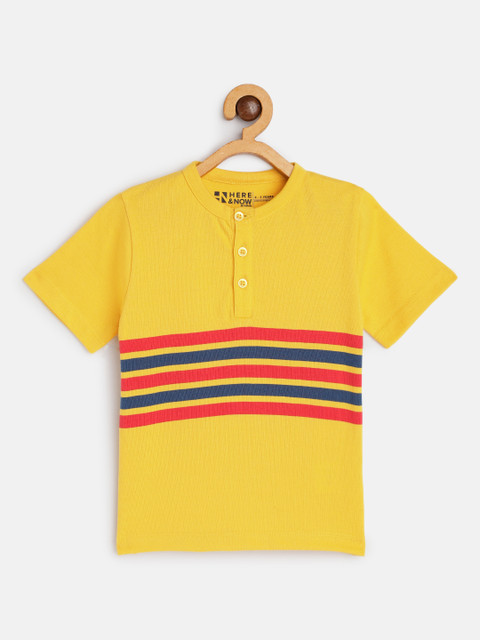 

HERE&NOW Boys Yellow & Red Striped Pure Cotton Henley Neck T-shirt