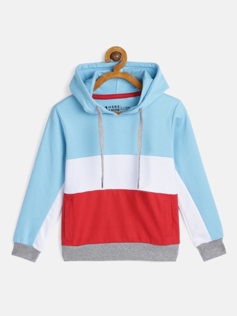 

HERE&NOW Boys Blue & Red Pure Cotton Colourblocked Hooded Sweatshirt