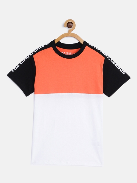 

HERENOW Boys Orange White Pure Cotton Colourblocked Pure Cotton T-shirt