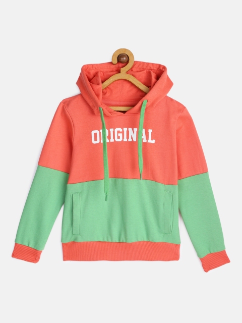 

HERE&NOW Boys Green & Orange Colourblocked Pure Cotton Hooded Sweatshirt