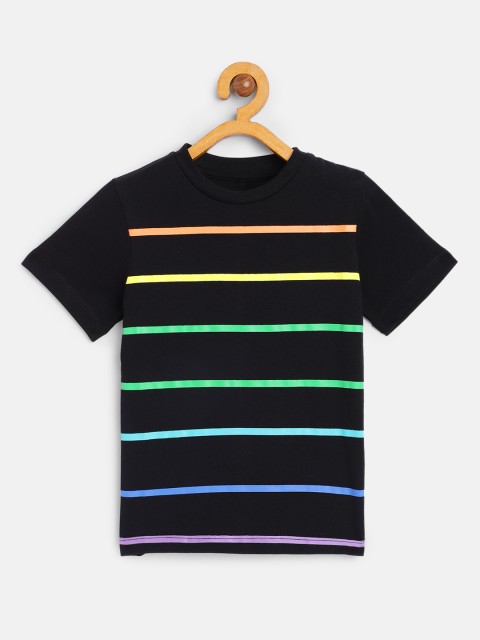 

HERENOW Boys Black Striped Cotton Pure Cotton T-shirt