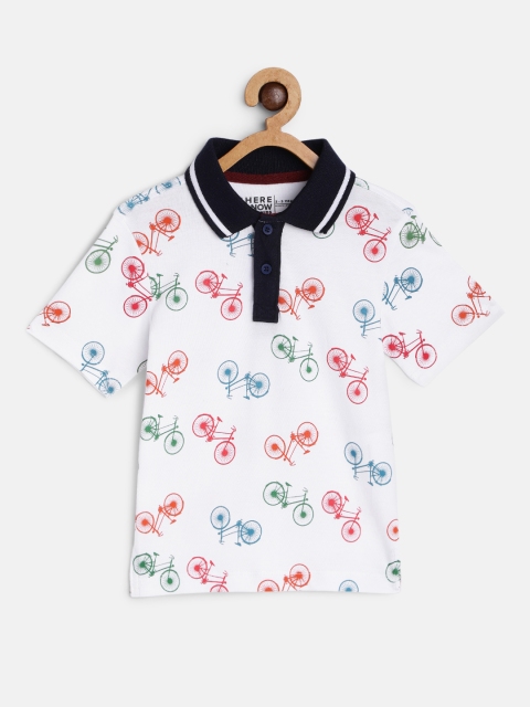 

HERENOW Boys White Navy Blue Printed Pure Cotton Polo Collar Pure Cotton T-shirt