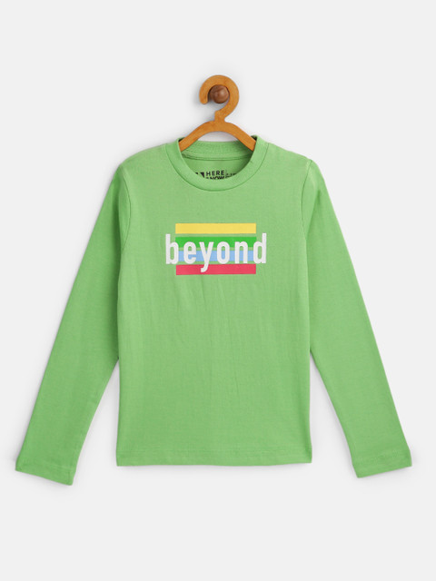 

HERENOW Boys Green Typography Printed Pure Cotton T-shirt