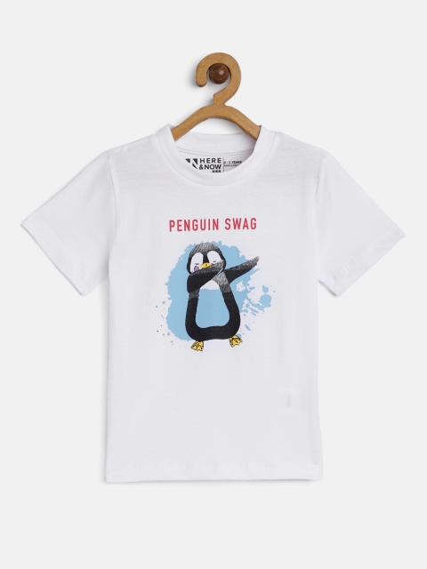 

HERENOW Boys White Printed Pure Cotton T-shirt