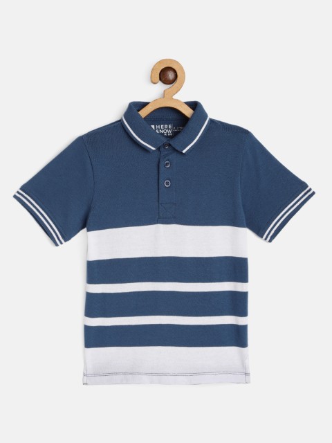 

HERE&NOW Boys Navy Blue & White Striped Pure Cotton Polo Collar T-shirt