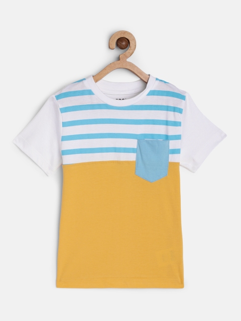 

HERENOW Boys Mustard Yellow Blue Colourblocked Pure Cotton T-shirt