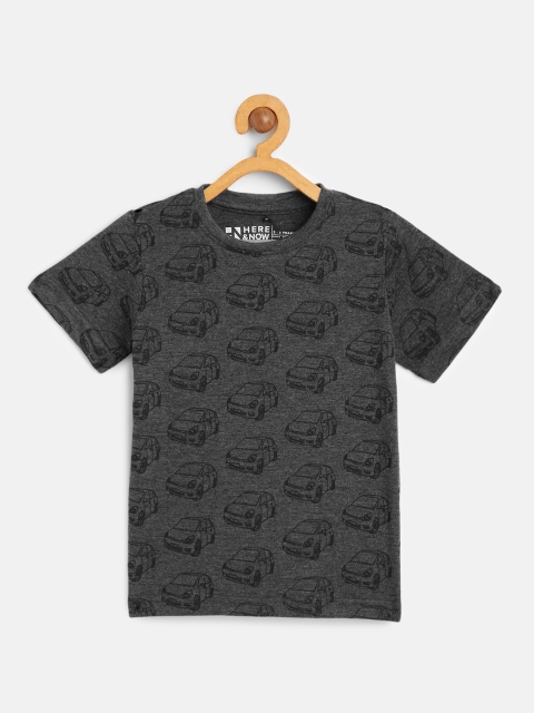 

HERE&NOW Boys Charcoal Grey Pure Cotton Printed T-shirt