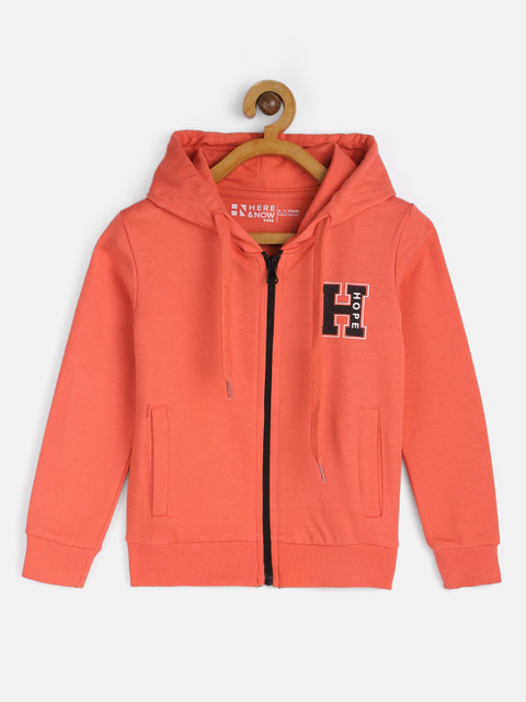 

HERE&NOW Boys Orange Solid Pure Cotton Hooded Sweatshirt with Print Detail