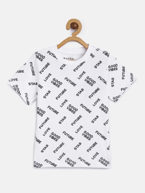 

HERENOW Boys White Printed Pure Cotton T-shirt