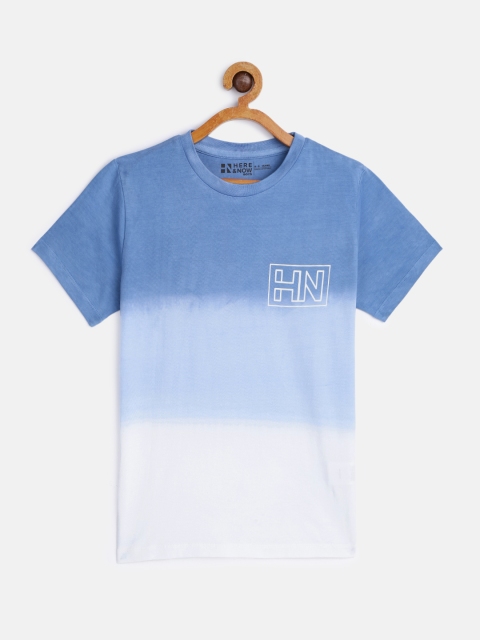 

HERENOW Boys White Blue Pure Cotton Ombre Colourblocked Pure Cotton T-shirt