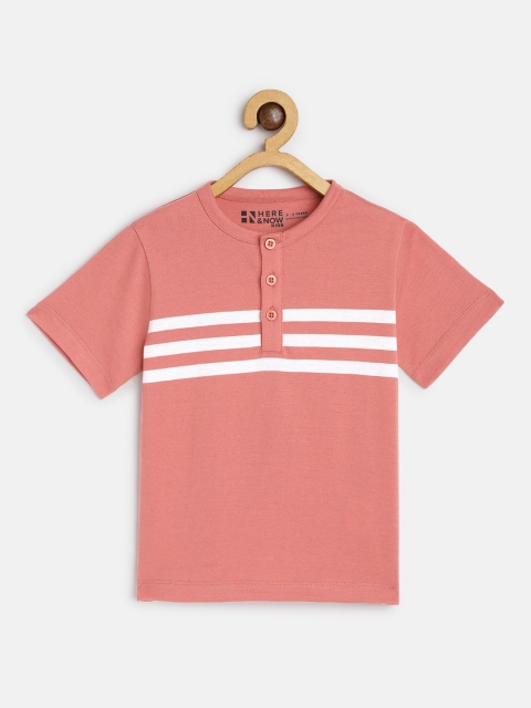 

HERE&NOW Boys Peach-Coloured & White Striped Pure Cotton Henley Neck T-shirt