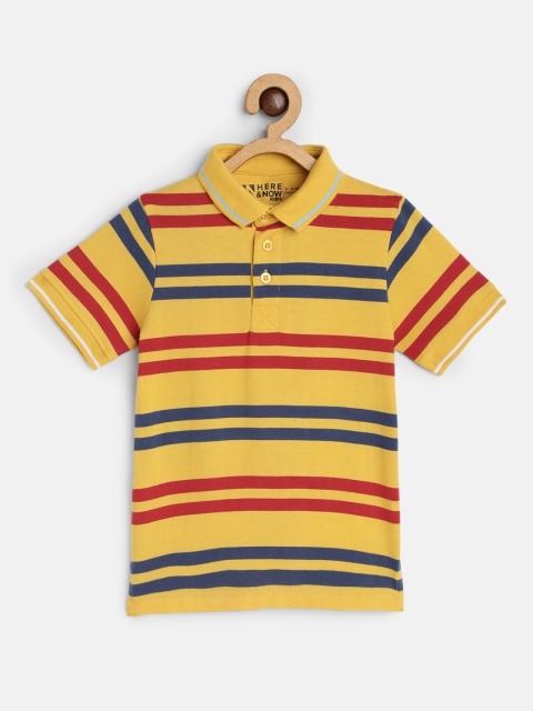 

HERE&NOW Boys Yellow & Red Striped Pure Cotton Polo Collar T-shirt