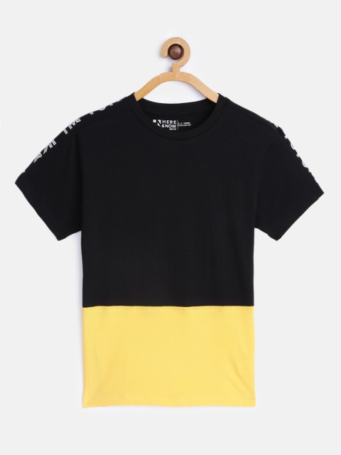 

HERENOW Boys Black Yellow Pure Cotton Colourblocked Pure Cotton T-shirt