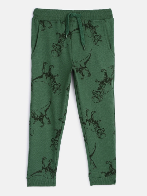 

HERE&NOW Boys Olive Green Dinosaur Printed Pure Cotton Regular Fit Joggers