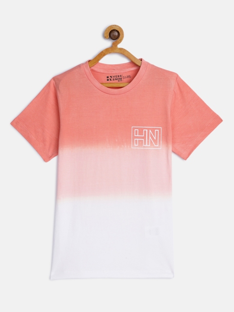 

HERENOW Boys Peach-Coloured White Ombre Pure Cotton Colourblocked Pure Cotton T-shirt