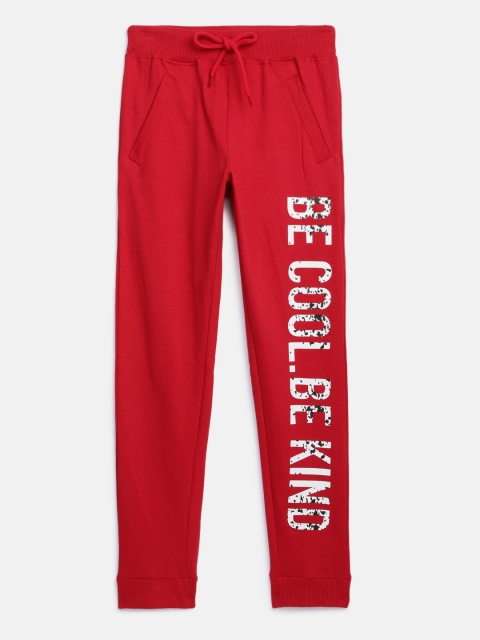 

HERE&NOW Boys Red Slim Fit Pure Cotton Typography Printed Joggers