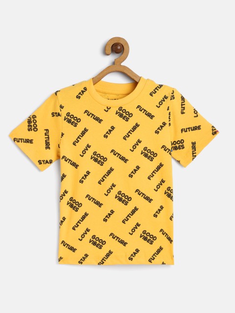 

HERENOW Boys Yellow Black Pure Cotton Printed Pure Cotton T-shirt