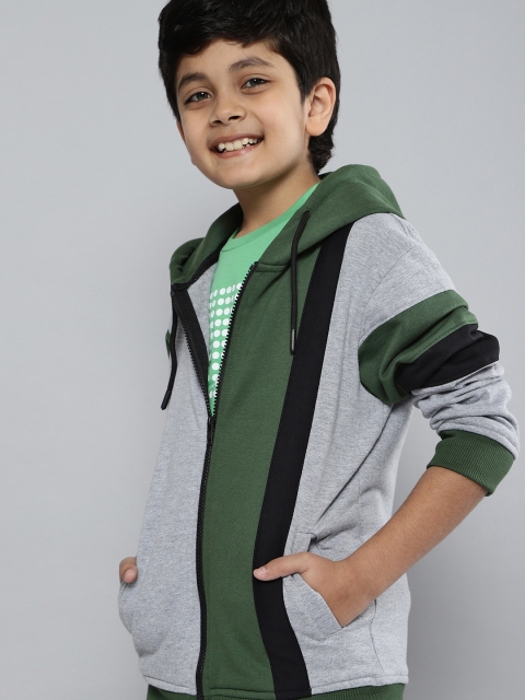 

HERE&NOW Boys Olive Green & Grey Colourblocked Hooded Sweatshirt