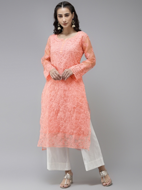 

ADA Women Peach-Coloured Chikankari Hand Embroidered Sustainable Straight Kurta with Inner