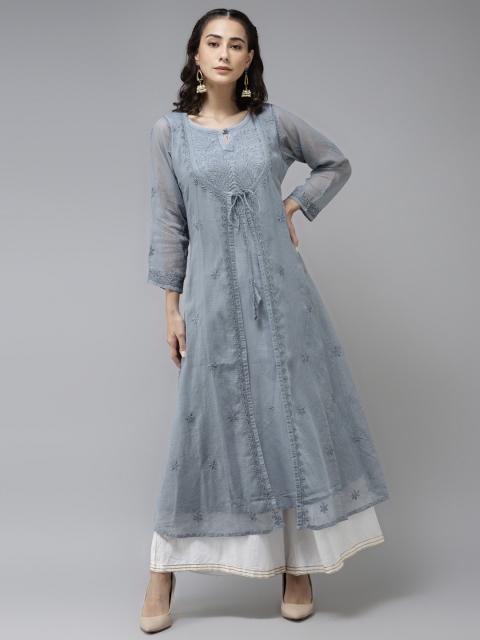 

ADA Women Grey Chikankari Hand Embroidered Sustainable A-Line Kota Kurta