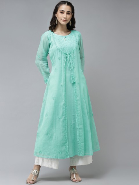 

ADA Women Sea Green Ethnic Motifs Embroidered Chikankari Kota Kurta