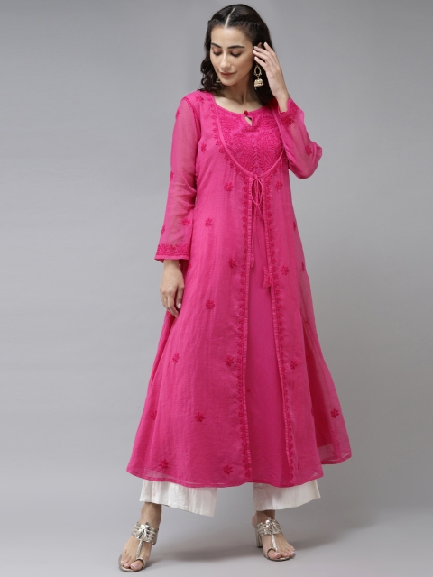 

ADA Women Magenta Ethnic Motifs Embroidered Chikankari Kota Kurta