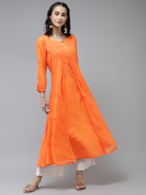 

ADA Women Orange Ethnic Motifs Embroidered Chikankari Kota Kurta