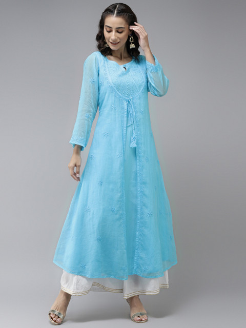 

ADA Women Blue Ethnic Motifs Embroidered Chikankari Kota Handloom Kurta