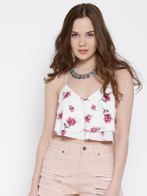 

FOREVER 21 Women White Printed Layered Crop Top