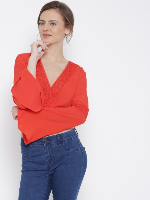 

FOREVER 21 Women Coral Red Crochet Detail Crop Top