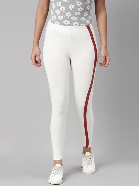 

abof Women White Solid Cotton Ankle- Length Leggings With Stripes