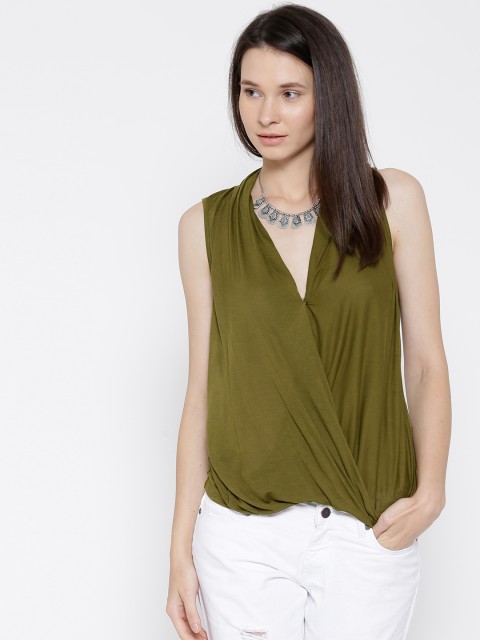 

FOREVER 21 Women Olive Green Overlapping Detail Top