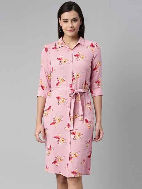 

abof Women Pink Floral Print Pure Cotton Shirt Dress