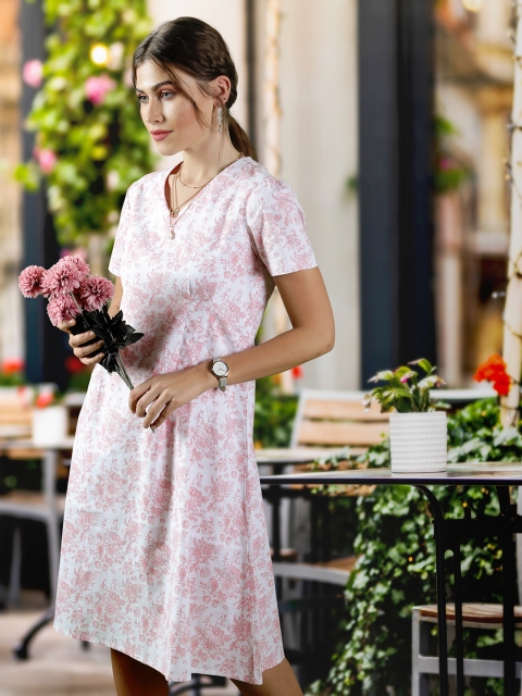 

abof Pink & White Floral Print Pure Cotton Fit & Flare Dress