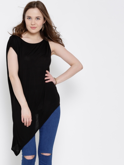 

FOREVER 21 Women Black Dipped Hem Longline Top