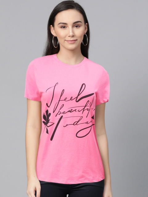 

abof Women Pink Typography Printed Pure Cotton T-shirt
