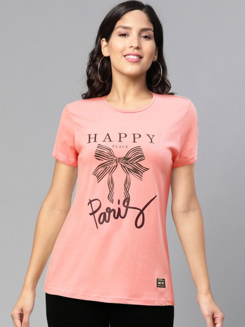 

abof Women Pink Typography Printed Pure Cotton T-shirt