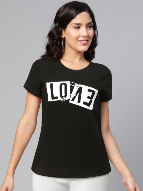 

abof Women Black Typography Printed Pure Cotton T-shirt