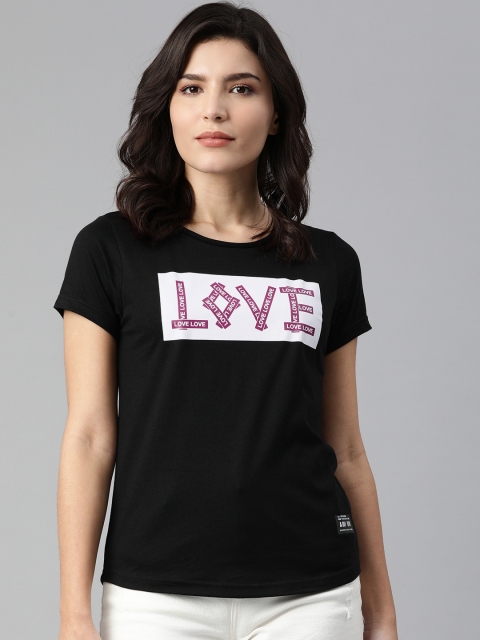 

abof Women Black Typography Printed Pure Cotton T-shirt