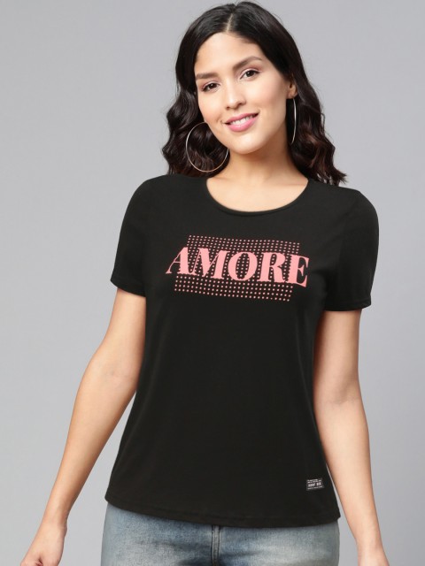 

abof Women Black Typography Printed Pure Cotton T-shirt