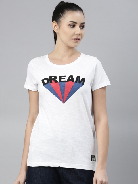 

abof Women White & Black Printed Pure Cotton T-shirt