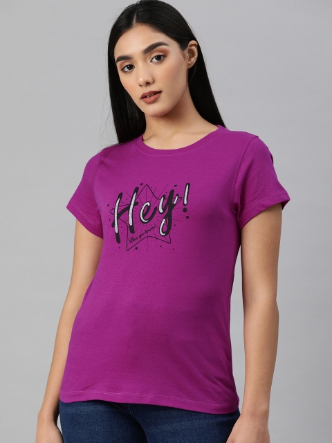 

abof Women Purple Typography Printed Pure Cotton T-shirt