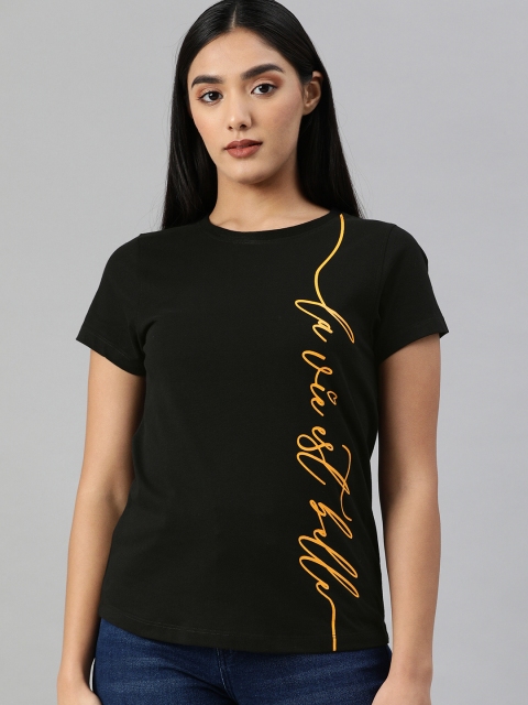 

abof Women Black Typography Printed Pure Cotton T-shirt