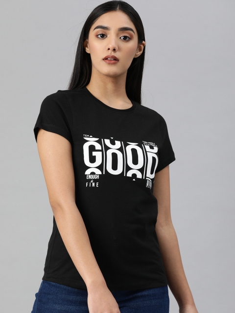 

abof Women Black Typography Printed Pure Cotton T-shirt