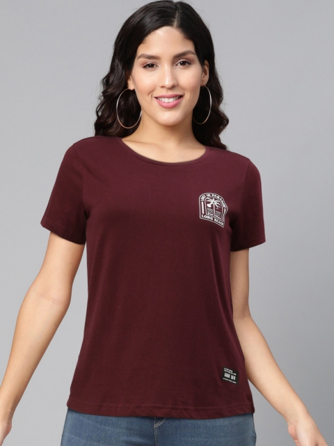 

abof Women Burgundy Solid Pure Cotton T-shirt with Printed Detail